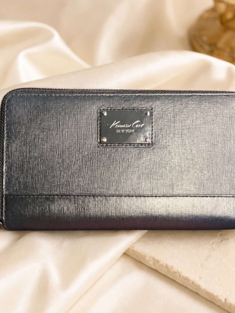 Kenneth Cole New York Black Saffiano Textured Zip Around Wristlet Wallet